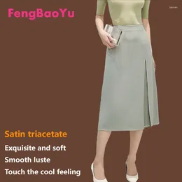 Jupes Fengbaoyu Satin Triacétate Satin Jupe dames hautes taille Tempérament noir Simple Cool confortable