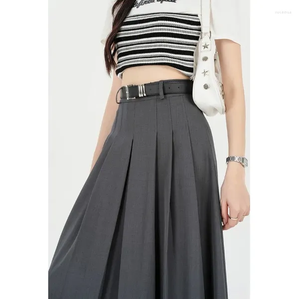 Jupes Figohr 2024 Summer Summer Grey Grey Jupe pleine taille haute taille A-line Slim MIDI (Cadeau de ceinture gratuite)