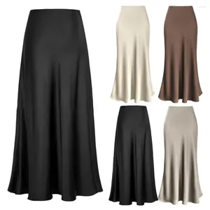 Rokken visstaart maxi rok elegant faux zijden satijn voor vrouwen hoge taille a-line kantoor dame solide kleur glanzende afwerking