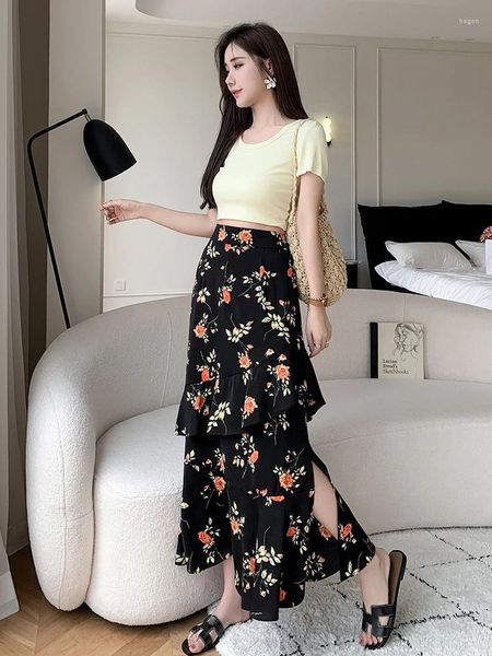 Faldas de gasa Floral falda larga Mujer verano 2023 estilo coreano hendidura trompeta Mujer elegante volantes vacaciones playa Faldas Mujer