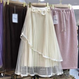 Faldas faldas plisadas florales para mujeres malla elástica cintura alta una línea francesa chic tul damas dulces media