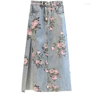 Rokken bloemenprint denim long dames zomer vintage maxi jeans rok maat s - 5xl side split hoge taille vrouwen Koreaans