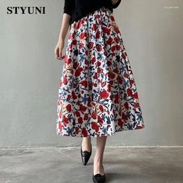 Jupes imprimé fleuri Kawaii coton jupe femme 2024 été élastique taille haute mode coréenne a-ligne mi-mollet longue pour les femmes