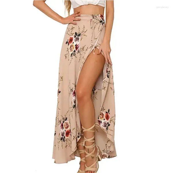 Faldas estampado floral falda larga mujeres casuales boho playa summer maxi femenino botón dividido Tassel sexy 2023