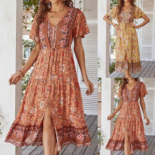 Jupes Floral Print Mini Robe pour femmes à manches courtes Robes à col en V sexy dames Fashion Boho Style Vestido Summer High Street 2023