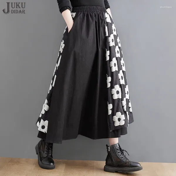 Faldas parches de flores de estilo japonés cintura elástica a-línea falda floral negro chicas vacaciones