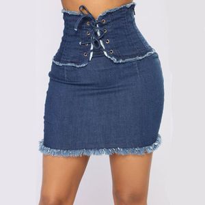 Jupes Fnoce 2021 Jupe en jean pour femmes Sexy Discothèque Jeune Mode Casual Solide Taille haute élastique Sac serré Hanche Slim Mini