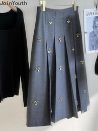 Faldas para Mujer 2023 Faldas De Mujer De Moda cintura alta A-line Jupe falda con temperamento De diamante pesado túnica Vintage falda coreana Saia