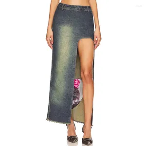 Jupes pour femmes 2024 Summer Retro Lavage de coton pur et demi-jupe animal imprimé jean irrégulier