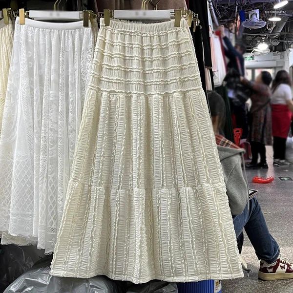 Faldas para mujer, falda larga con pliegues de cintura alta, corte en A, diseño de Color sólido, estilo coreano, ropa de calle Jacquard, primavera, Dropship