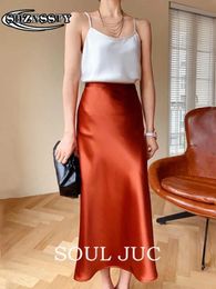 Faldas para mujeres ropa de moda coreana seda satén sólido sólido falda highwisted