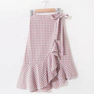 Jupes pour femmes mode Plaid imprimé taille haute élastique mi-longue volants asymétriques mignon court plissé femmes