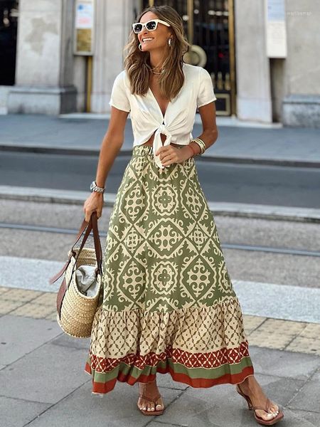 Faldas Foridol estampado geométrico Vintage A-line Maxi falda de verano cintura elástica larga Casual Mujer Faldas Mujer primavera Boho playa