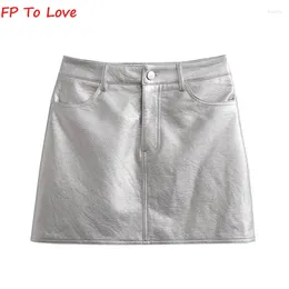 Jupes FP à aimer français argent PU mini métallisé sexy taille haute hanche jupe chic rétro courte a-ligne métal