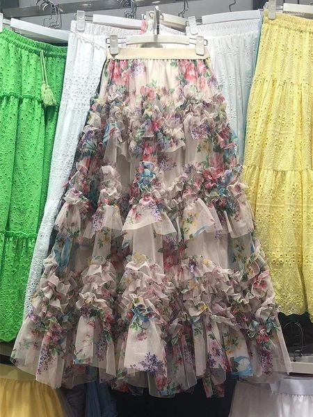 Faldas French Chic Maxi para mujer Malla Patchwork Floral Impreso Femenino A-line Cintura alta Damas Falda de tul Drop