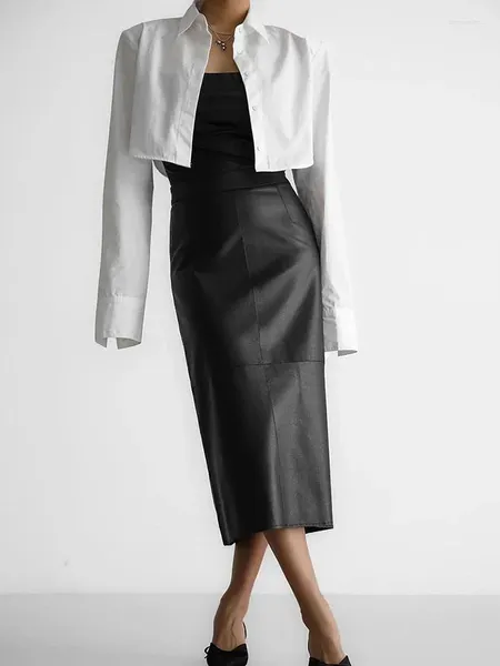 Jupes Mode française Sexy PU haute jupe portefeuille pour femmes 2023 automne élégant droit Midi avec fente tenue de bureau robes