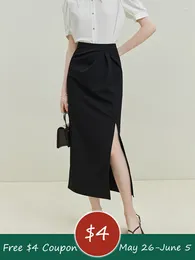 Faldas FSLE mujer estilo francés A-LINE cintura alta 2024 temperamento sólido hendidura falda larga femenina Oficina señora verano media pantorrilla