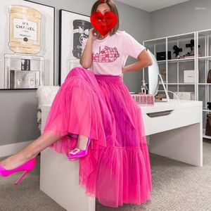 Jupes fuchsia long tulle pour les femmes 2023Summer maxi fémme jupe filles d'anniversaire formel mujer faldas rose