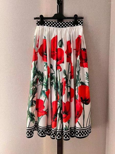 Faldas Fyion Runway moda mujer falda de seda 2023 verano flores estampado Midi plisado señoras Casual Vintage