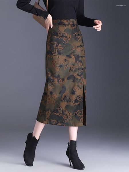 Jupes Gavestis Boutons Épais Imprimé Midi Femmes Automne Hiver Style Chinois Élégant Plaque Latérale Vintage Jupe Crayon Florale