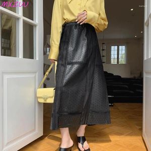 Jupes en cuir véritable jupe longue femme printemps d'été première couche couture de mouton tricot à tricot creux de la taille élastique noire etekler