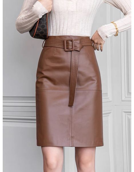 Jupes en cuir véritable jupes crayon femmes automne mode coréenne solide droite élégante jupe Midi avec ceinture 230413