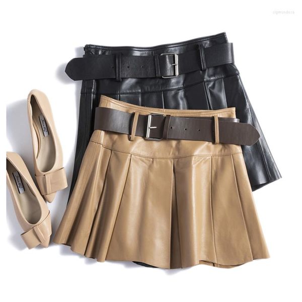 Jupes en cuir véritable Jupe femmes 2023 printemps mode taille haute boutons plissé Jupe femme noir/marron Sexy Mini Faldas