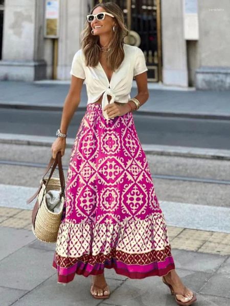 Faldas impresas geométricas vintage a-line maxi falda de verano cintura elástica mujer casual mujer faldas mujer primavera boho playa