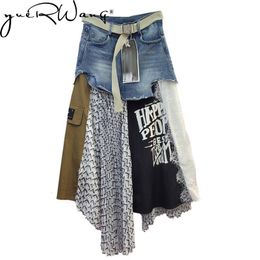 Rokken Getspring Vrouwen Lange Patchwork Denim Stiksels Onregelmatige Hoge Taille Losse Leisure Asymmetrische Geplooide 230508