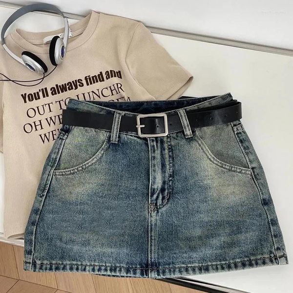 Faldas Gidyq Retro Mujeres Denim American Casual Cinturón Mini falda STREETWear High Wists A Line Jeans Spring