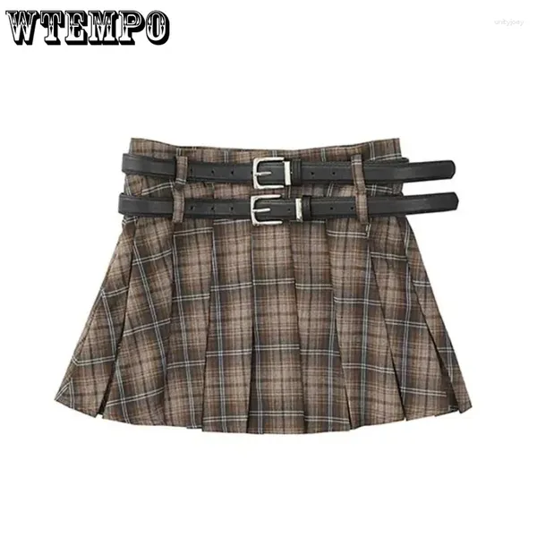 Jupes Cadeau Ceinture Plaid Jupe Plissée Taille Haute A-Word Femmes Rétro Collège Style Short Intégré Mode Printemps Été En Gros