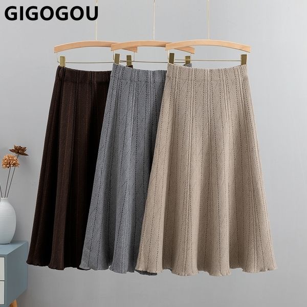 Jupes GIGOGOU automne hiver femmes tricoté plissé élégant épais chaud une ligne CHIC Long Maxi Midi pull 221122