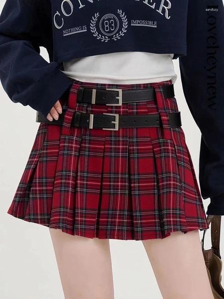 Jupes fille gothique Y2k Mini jupe femmes mode coréenne mignon court femme taille haute Double ceinture Sexy Plaid 2024