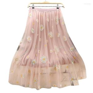 Jupes filles 2022 Floral brodé paillettes Tulle femmes été décontracté élastique taille haute une ligne maille jupe Midi T030