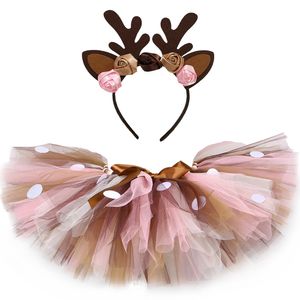 Skirts Girls Deer Tutu Skirt Fluffy Birthday Party Baby Kids Dance Tulle Skirt Girls Christmas Deer Costume Antler Headband 230510