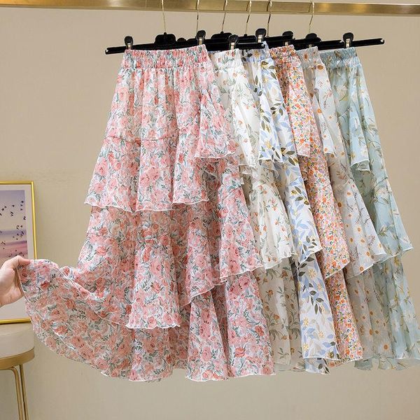 Skirts Girls Floral Skirt Women Summer 2023 Sweet Ruffled A-Line Chiffon Long Woman Korean Kellings Kintos
