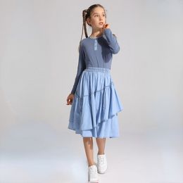 Rokken Meisjes Tiener Kinderen Midi Ruches Denim Rok Katoen Zomer Jersey Top Patchwork Denim Hals Mama en Dochter Kleding #7011 230619