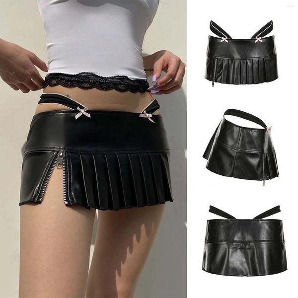Skirts Girls Ultra Mini Sexy Falda Faux Faux Leather Poschwork Bowknot Clubwear Faldas Estilo coreano Hippie plisado