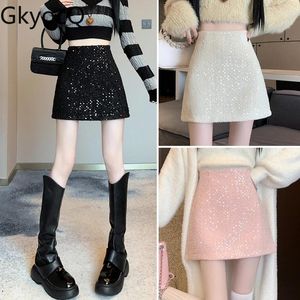 Jupes GkyocQ Mode Coréenne Femmes Tweed Jupe 2024 Automne Et Hiver Taille Haute Une Ligne Paillettes Mini Polyvalent Slim