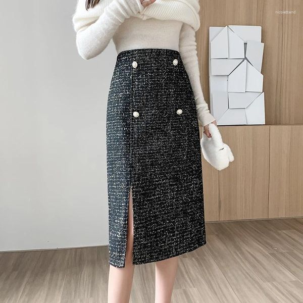 Jupes Jupe en tweed pailletée avec bouton de perle fente latérale taille haute laine épaisse métallique midi pour les femmes tenue de carrière élégante