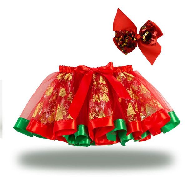 Jupes Or Arbre De Noël Imprimé Tulle Rouge Avec Noeud Mini Robe De Bal Jupon Party Rave Festival Doux Tutu Jupe Fille Enfants DancewearJupes