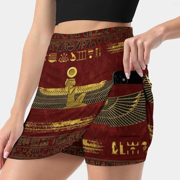 Faldas Adorno de dios egipcio dorado en cuero rojo Falda de moda coreana Verano para mujeres Pantalón a prueba de luz Egipto