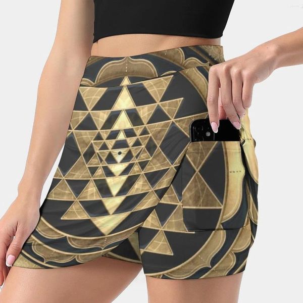 Jupes Golden Sri Yantra (fond charbon profond) jupe féminine mini une ligne avec cachette de poche sriyantra mandala