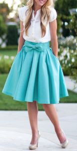 Faldas Preciosa minifalda de satén azul 2017 Primavera Otoño Faldas de señora con lazo en la cintura Hasta la rodilla Mujeres Vestidos de fiesta de graduación Ropa barata