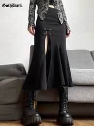 Faldas goth oscuro elegante centro comercial trompeta gótica mujeres midi grunge alta división de cintura sexy club de falda larga slim streetwear 230110