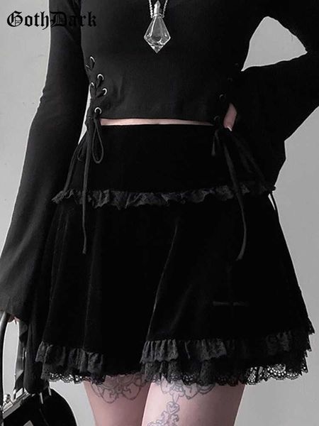 Jupes Goth Dark Mall Gothique Esthétique Velours Plissée Mini Jupes Femmes Vintage Harajuku Emo Alt Vêtements Taille Haute Dentelle Volants Jupe P230422