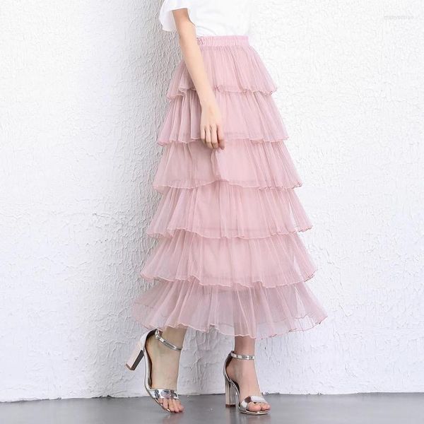 Jupes Gothique Noir Rose Jupe Plissée Sexy Midi Tulle Taille Haute Pleine Doublure Adulte Tutu Style Coréen Femmes Jupe Femme Faldas