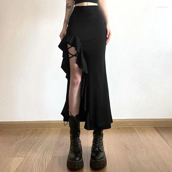 Faldas góticas negras sexy slim midi falda mujer y2k moda punk ruffles dividido a-línea hembra harajuku streetwear