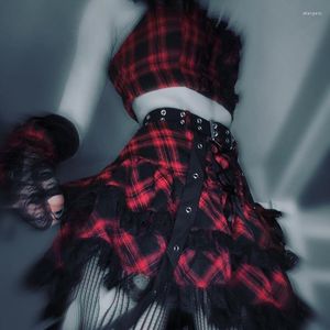 Jupes Gothique Harajuku Fille Gâteau Robe Rock Rouge Doux Doux Punk Japonais Dentelle Plaid Mini Court Y2k Jupe