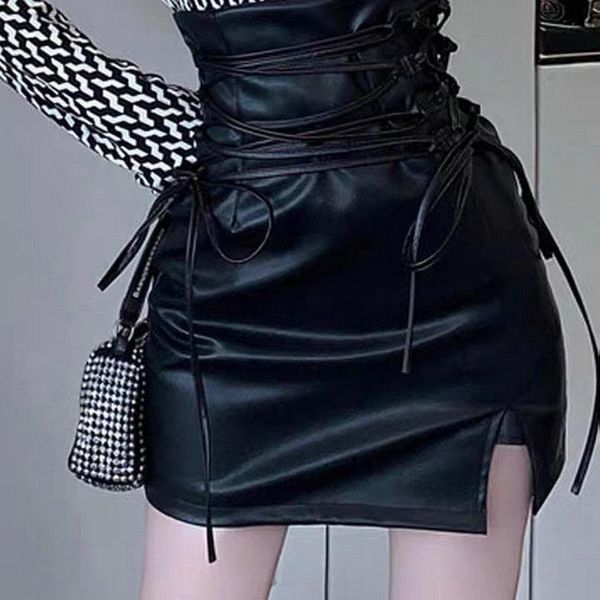 Faldas Falda lápiz gótica Mujer PU Hippie Mini Cuero Punk Lace Up 2022 Cintura alta Sexy Club Beige Negro Y2K Mujeres